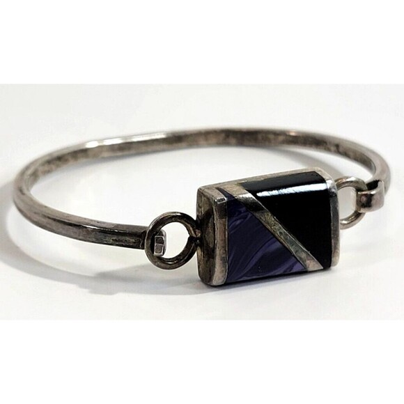 Sterling Silver .925 Plata ERR Purple Agate Black‎ Onyx Bangle Bracelet Gemstone - Picture 1 of 9